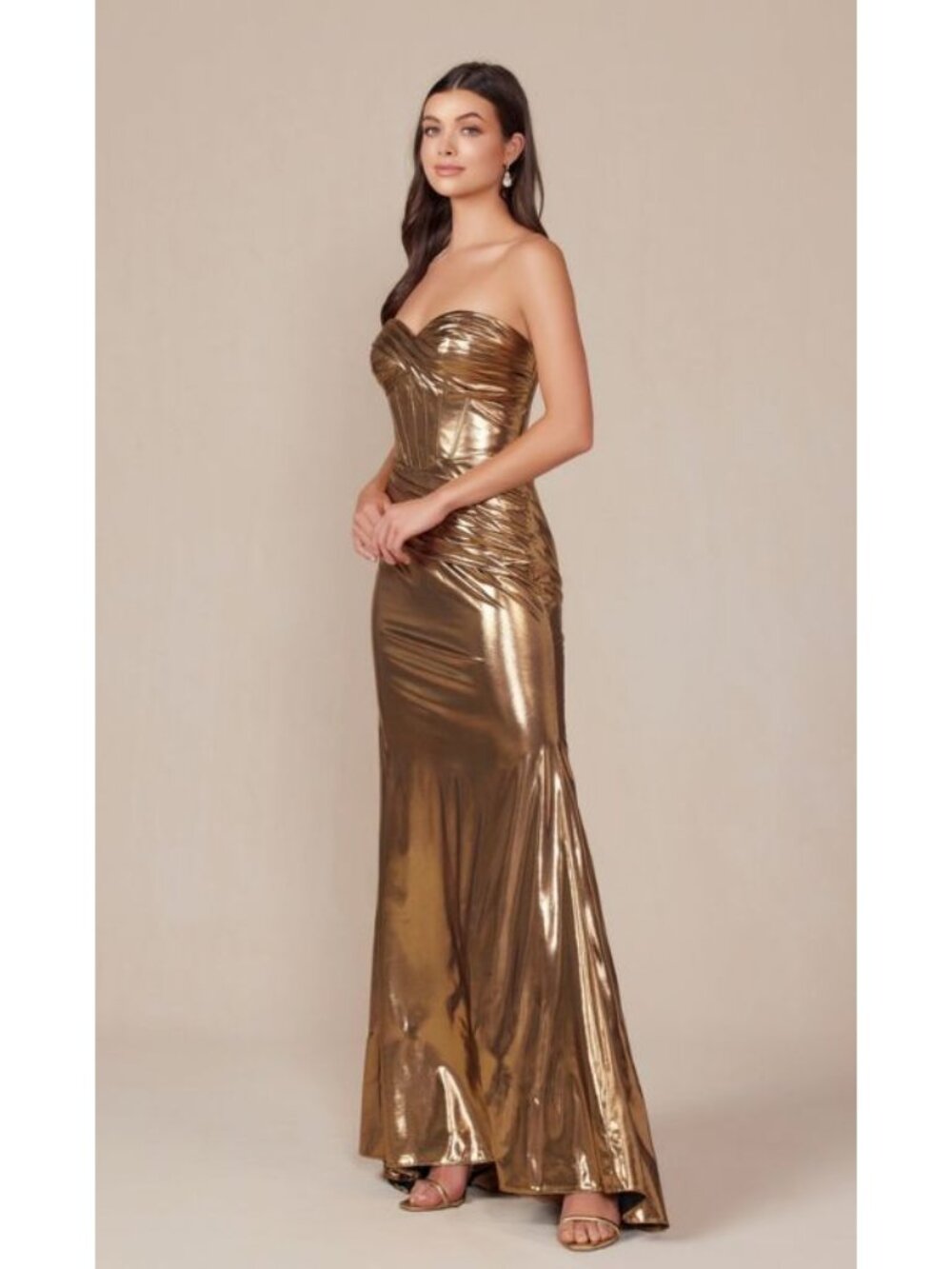 Clearance Gold Size 4 Pleated Metallic Long Prom Dress by Nox Anabel T1499